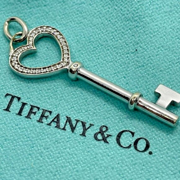 Tiffany & Co. 18k White Gold Diamond Heart Key Pendant 1.5 Inches w/ Pouch - Picture 6 of 11